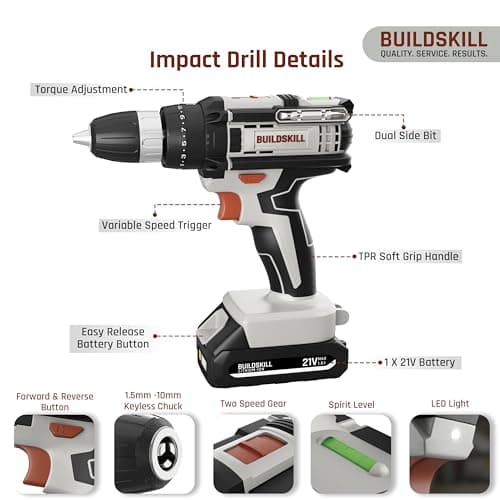 BUILDSKILL 21V Cordless Drill Machine for Home Use | Impact Drill with 10MM Keyless Chuck | 1.5 Ah Single Battery | Charger | Variable Speed | LED Light | Forward & Reverse Motion | 6 Months Warranty 2