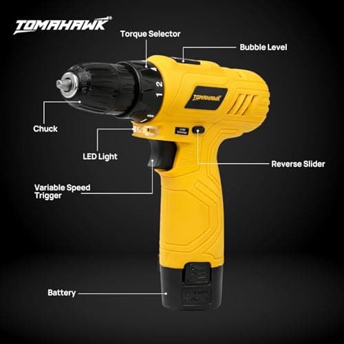 TOMAHAWK® 12V Cordless Drill/Screwdriver | 10mm (⅜”) Keyless Chuck | 2-Speed (350/1350 RPM) | Single Battery 1.5Ah | 28Nm Torque | LED Light | For Home, DIY, Wood & Metal Work 4