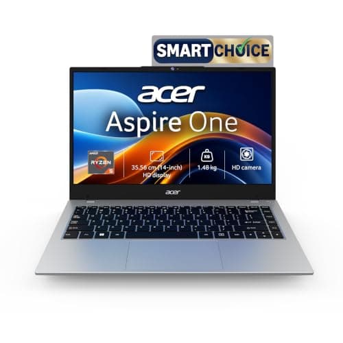 Acer Smartchoice Aspire One, AMD Ryzen 5-40,Office 2024 + M365 Basic, 8GB LPDDR5 RAM/ 512GB SSD, 14.0"/35.56cm WXGA Display, Win 11 Home, Pure Silver, 1.48KG, A114-43, Thin and Light Laptop