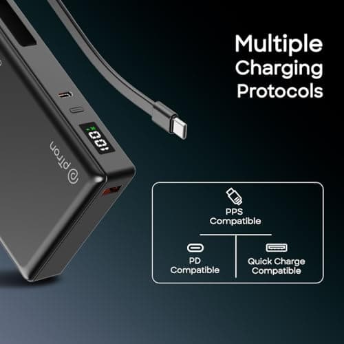 pTron Dynamo Sprint 20000mAh Power Bank w/Built-in Charging Cable, 35W Super Fast Charging, USB Type-C Input Powerbank Compatible with QC3.0/PD3.0, 3 Charging Outputs, Type-C Input/Output Port(Black) 6