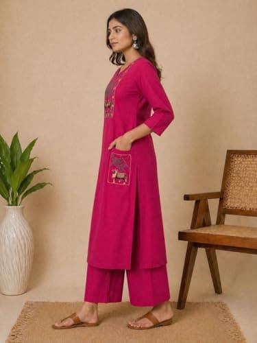 Women Pure Cotton Kurta Palazzo Set | Sleeveless Printed Kurta with Palazzo Pants | Summer Friendly, Office Wear Co-Ord Set (IN, Alpha, L, Regular, Women, Pink) 4