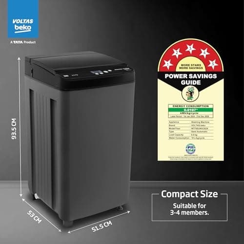 Voltas Beko, A Tata Product 6.5 Kg 5 Star Fully-Automatic Top Loading Washing Machine (WTL6504UEA/OBS2P10 Eco-Series,Dark Grey, Pulsator wash and Double waterfall technology) 5