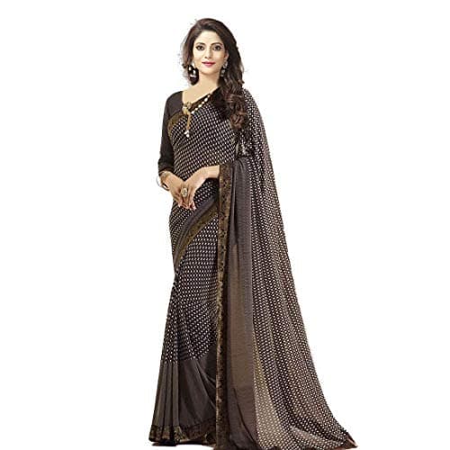 RAJESHWAR FASHION WITH RF Women's Checks Printed Georgette Sarees For Women Jacquard Lace Border & (Brown_Free Size 6.30 Mtr)