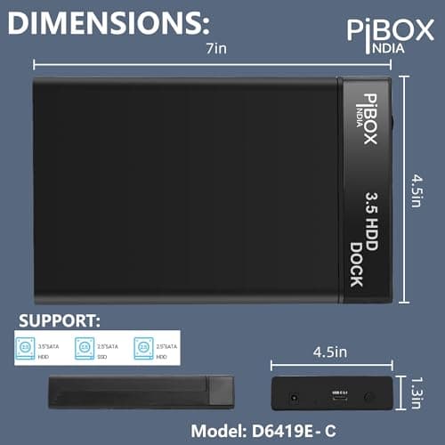 Hard Drive Enclosure Type C, PiBOX India USB 3.1 External Hard Drive Docking Station for 3.5/2.5 Inch SATA Hard Drives/SSD with 16 TB+, Tool-Free HDD Enclosure 12V/2A Power Supply UASP Acceleration 5