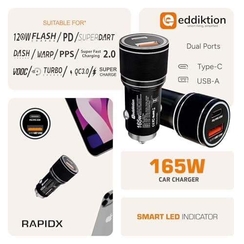 EDDIKTION RAPIDX 165W Super Fast Car Charger | Dual Port USB A 120W and USB C 45W PD Fast Charging Adapter | Universal 12V-24V Fast Car Charger for All Type of Mobile, Smartphone,Watch (Black) 4