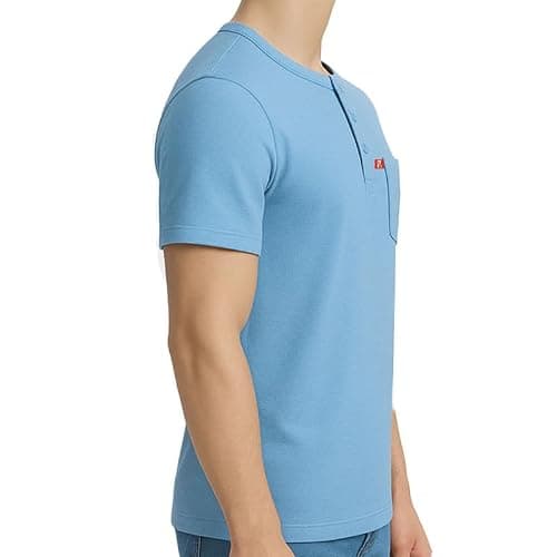 P3 Men's Coloured Henley T-Shirt | Pure Cotton | Half Sleeves | Regular FIT | Utility Front Pocket | Henley Collar | Sky Mist Blue (Large) 2