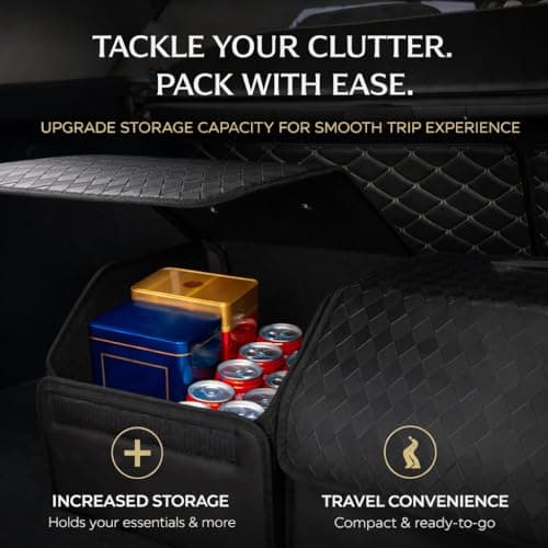 JVCV® Stylish Embossed PU Leather Car Trunk Organizer – Foldable Multipurpose Car Boot Storage Box with Handle Design | Durable & Elegant Car Interior Organizer for Travel (Style A, Black - Large) 4