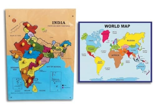 AAROSIYA Kids Wooden India and World Map Educational Puzzle Combo, Jigsaw and Brain Teaser, Non-Toxic, Enhances Motor Skills, 27 cm, 2 Pieces
