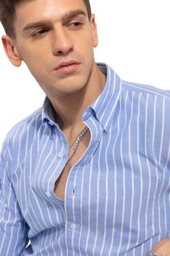 Zombom Men's Light Blue & White Vertical Striped Shirt for Men | Full Sleeve Slim Fit Cotton Blend Shirt | Stylish Formal