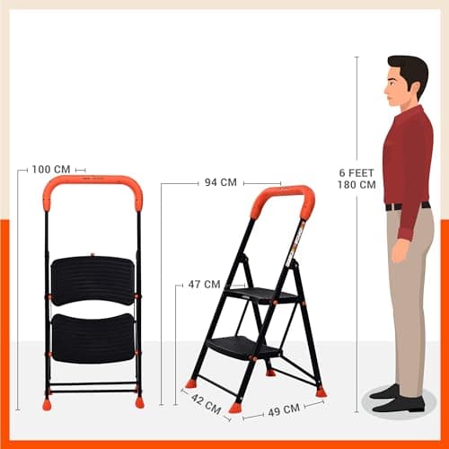 Bathla 2 Step Ascend Steel Ladder for Home Use | Large Platform | (36 x 20.5 cm) | Wide Anti-Skid Steps | Safety Hand Grip | Heavy Duty Foldable | 120 kg Capacity | 2-Year Warranty | Orange & Black 4