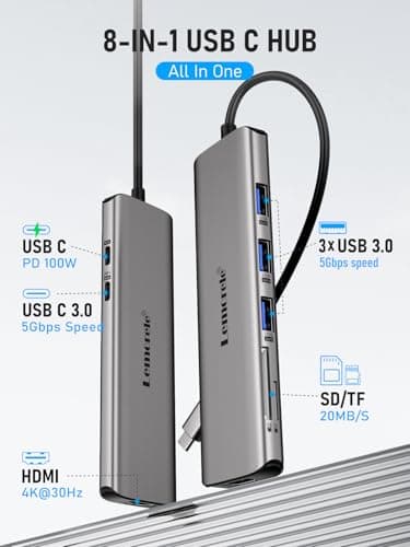Lemorele 8-in-1 USB Hub for Laptop - 4K UHD HDMI Port, Space Aluminum Type-C Hub, USB 3.0 High-Speed Data Ports, PD 100W Fast Charging, SD/TF Card Slots, Compatible with Mac OS & Windows Systems 2