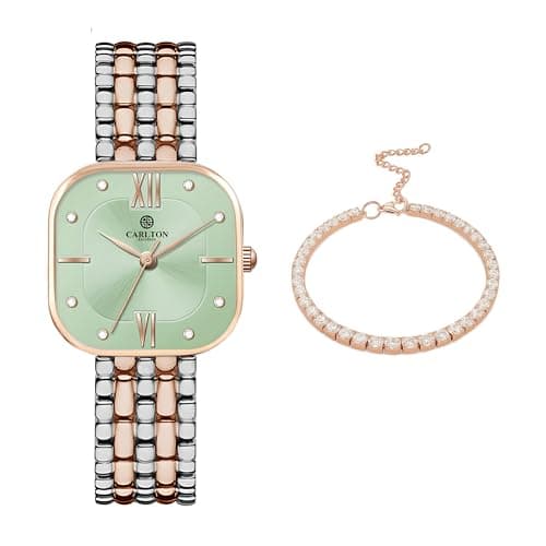 Carlton London Mint Green Dial Women’s Watch with Bracelet Set – Elegant Rose Gold Strap, Stylish Quartz Timepiece, Water Resistant Ladies Accessory | Gift Box for Anniversary & Birthday | Luxury squa