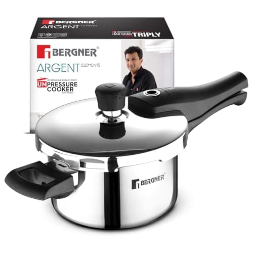 Bergner Argent Elements Triply Stainless Steel 2.5 L Outer Lid Pressure Cooker, Healthy Cooking, Even Heat Distribution, Sturdy Handle, Easy Lock System, Safety Gasket - Induction and Gas Stove Ready