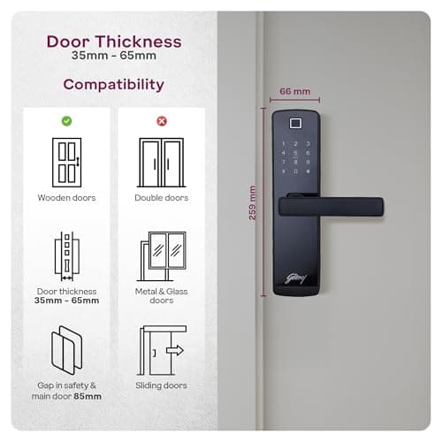 Godrej Smart Lock I Catus Connect I Digital Lock for Wooden Door |5 in 1 Access IWiFi I Fingerprint I RFID Card I PIN Access I Mechanical KeyI 3 Dead Bolts I Black I 3 Yrs Warranty 3