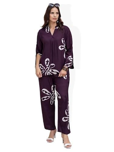 TITTLI Printed Rayon Co-Ord Set for Women | Mandarin V-Neck Full Sleeves Tunic with Slit Detail & Relaxed Fit Trousers | Casual Wear Outfit | Women's Printed Co-Ord Set for Summers Wine