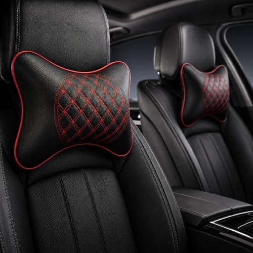 AdroitZ Faux Leather 𝗨𝗡𝗜𝗩𝗘𝗥𝗦𝗔𝗟 Car Neck Rest Pillow | Premium Embroidery Cushion Neck Pain Relief | Head Rest Support for Long Drives | Headrest Interior Seat Accessories for All Cars(Set of 
