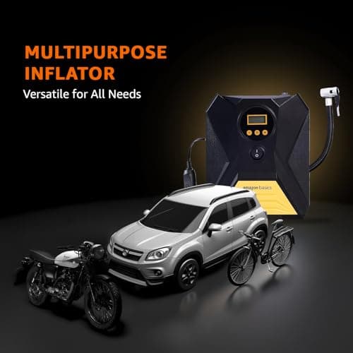 Amazon Basics Portable DC Digital Tyre Inflator for Cars & Bikes| 12V DC | 150 PSI Air Pump with Digital Pressure Gauge, Auto Shut Off and Emergency LED Light | 3M Cable Length, 3 Nozzles, Extra Fuse 5