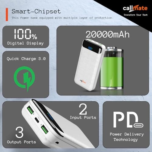 CALLMATE Chargemaster 200 Fast Charing 20000mAh Power Bank, 23W (2X QC3.0 USB Output & Type C PD), Power Delivery, Quick Charge for iPhone, Android & Other Devices (Lithium Polymer) (White) 4