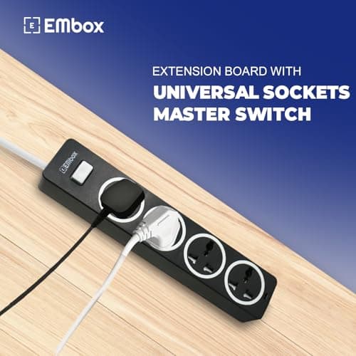 EMBOX 10A Extension Board with Master Switch-Extension Cord with 4 Universal Sockets-Spike Guard with Safety Shutter and LED Indicator-1500W (Black-5 Meter Cable) 4