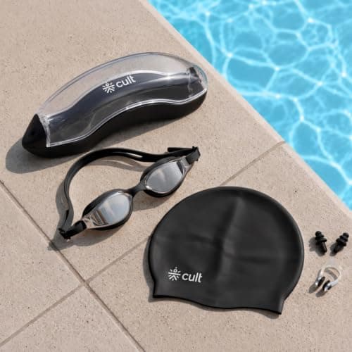 CULT Swimming Cap Goggles with Ear Plugs & Nose Clip Set for Men & Women, Anti-Fog Swimming Goggles with Adjustable Strap, Silicone Swim Cap Combo for Training, Pool & Fitness, Black 2
