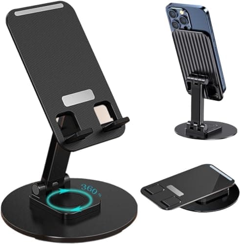 TARKAN 360° Rotating Phone Holder for Home/Office Desk, Foldable & Adjustable Height & Angle Universal 4-10" Mobile Stand (Black)