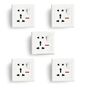 Multi Plug Universal Wall Socket with Switch and Indicator, White Electrical Power Outlet, 10x10x5 cm, Pack of 5
