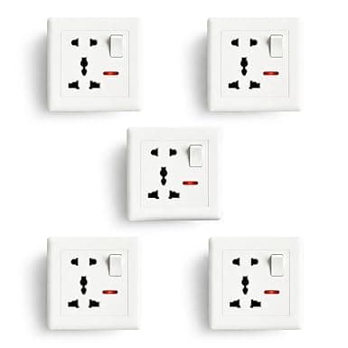 Multi Plug Universal Wall Socket with Switch and Indicator, White Electrical Power Outlet, 10x10x5 cm, Pack of 5