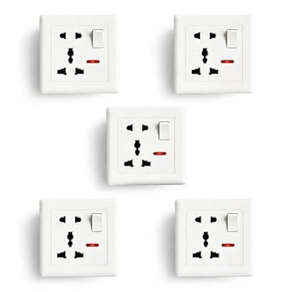 Multi Plug Universal Wall Socket with Switch and Indicator, White Electrical Power Outlet, 10x10x5 cm, Pack of 5