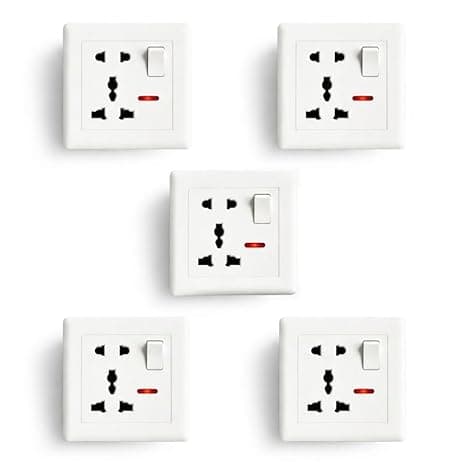 Multi Plug Universal Wall Socket with Switch and Indicator, White Electrical Power Outlet, 10x10x5 cm, Pack of 5