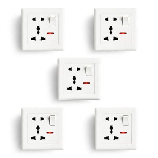 Multi Plug Universal Wall Socket with Switch and Indicator, White Electrical Power Outlet, 10x10x5 cm, Pack of 5