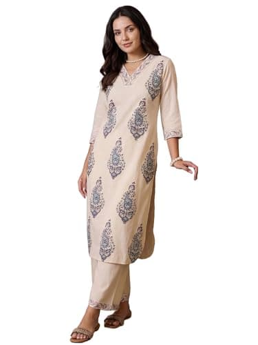 INDO ERA Women's Off White Viscose Rayon Geometric Printed Straight Fusion Kurta & Pant Set