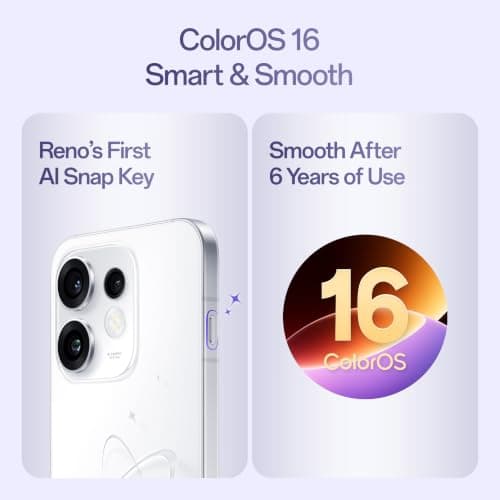 Oppo Reno16 5G (Starry White, 8GB, 256GB) | 3D Design | 50MP 3.5X Telephoto Camera | 4K 60fps HDR Video | AI Remix Collage | Snapdragon 7 Gen 4 | 6700mAh 80W SUPERVOOC | ColorOS 16 | IP69K 5