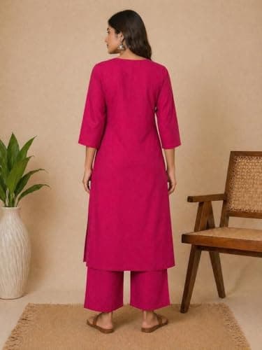Women Pure Cotton Kurta Palazzo Set | Sleeveless Printed Kurta with Palazzo Pants | Summer Friendly, Office Wear Co-Ord Set (IN, Alpha, L, Regular, Women, Pink) 2