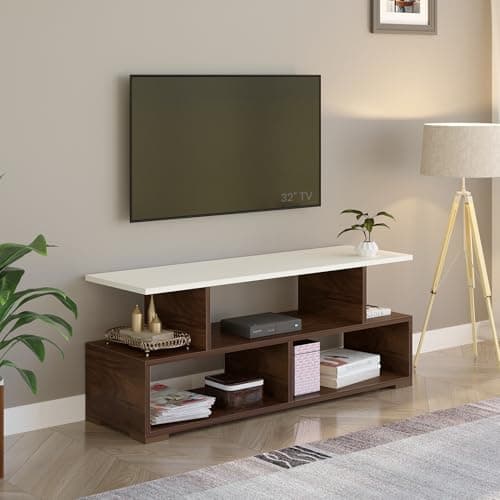 BLUEWUD Victor Engineering Wood Floor Standing TV Entertainment Unit Set Top Box Stand/TV Cabinet with Shelves for Books & Décor Display Unit Bed Living Room Upto 43 inches (Brown Maple & White)