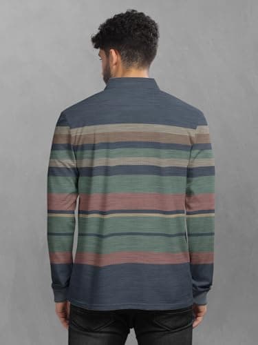 BULLMER Striped Textured Printed Polo Neck Fullsleeve T-Shirt with Rib for Men_Green_Medium 3