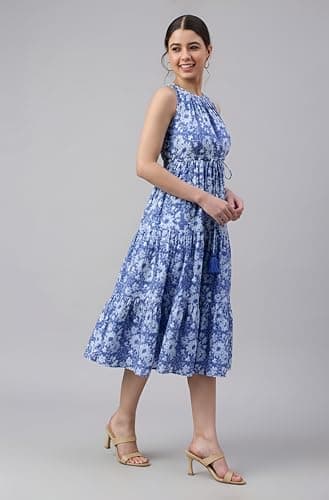 Janasya Women's Blue Pure Cotton Floral Printed Tiered Dress (JAA26DR04599-JA-L) 4