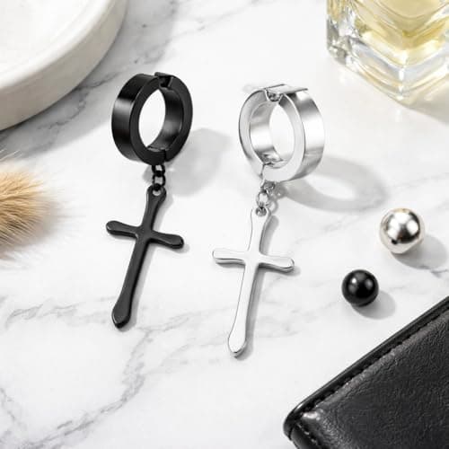 Vien Jewelry Jesus Cross Black/Silver Stainless Steel Hoop Huggie Earring for Men and Women 4