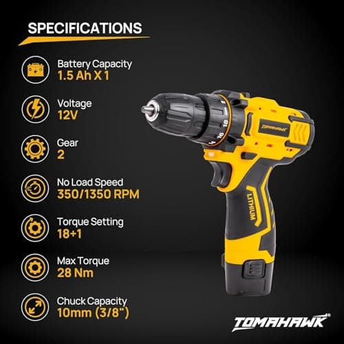 TOMAHAWK® DMS-7000 12V Cordless Drill Driver | 1350 RPM High-Speed Motor | 10mm Keyless Chuck | Adjustable Torque & Forward/Reverse | 1.5Ah Battery for Wood & Metal Drilling 2