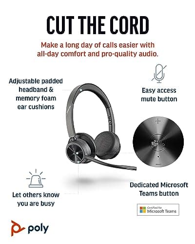 Poly (Plantronics Voyager 4320 Wireless Headset, Over Ear W/Noise-Canceling Mic, 162G, Connect to Mobile/Tablet Via Bluetooth and PC Via USB-A/C, Works with Teams, Zoom, and More, Black, 8G107AA 2