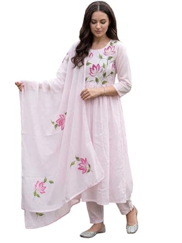 INDO ERA Women's Purple Cotton Blend Floral Printed Straight Fusion Kurta & Pant Set