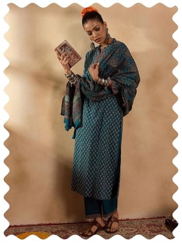 INDO ERA Women's Teal Pure Cotton Ethnic Motif Printed Straight Kurta & Pant with Dupatta Set (KH0TL5483_X-Small)