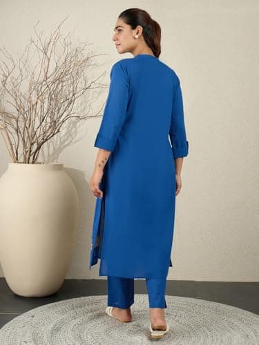 INDO ERA Women Blue Pure Cotton Co-Ord Set | Kurta Pant Set for Casual Wear,IESTR11685M | Cord Set For Women Cotton | 4