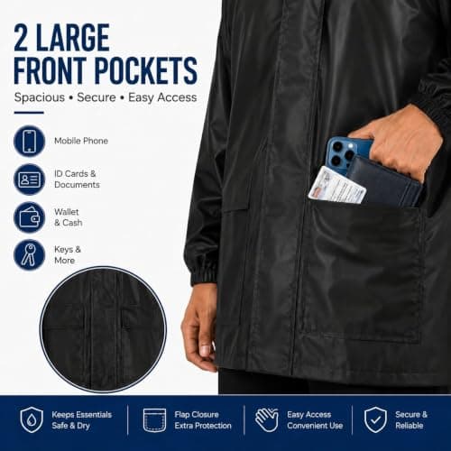 Rain Coat for Men Waterproof, Hypora Fabric Rain Suit with Hood, Jacket & Pant Set, Hidden Front Zipper, Lightweight Windproof Rain Wear, Large Pockets for Bike Riding, Trekking & Outdoor Work, BLACK 5