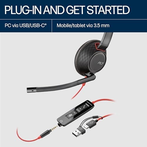 Poly (Plantronics) Blackwire 5220 Stereo Headset, Over-Ear w/Noise-canceling mic, 164g, Connect to Mobile/Tablet via 3.5 mm and PC via USB-C/A, Dynamic EQ, Hi-Fi Stereo, Black, 7S4B3AA 3
