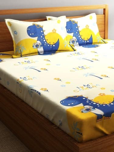Home Sizzler 210TC Microfibre Playful Dinosaur Elastic Fitted Double Bedsheet (72X78 Inch) with 2 King Size Pillow Covers 2