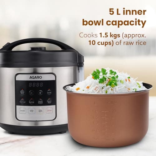 AGARO Royal Electric Rice Cooker, 5 Litre Ceramic Coated Inner Bowl, Steam Basket, 6 Preset Cooking Function With Advanced Fuzzy Logic, Keep Warm Function, 1.5Kgs (approx. 10 cups) raw rice, Silver 2