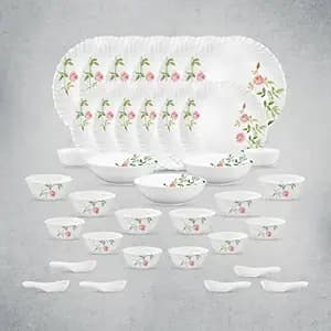La Opala Opal Glass Crockery | for Family of 6 | Dinner Set 35 pcs Rose Garden | Plates & Bowls for Dining | Microwave Safe | 100% Vegetarian | Extra Strong | Extra Light & White