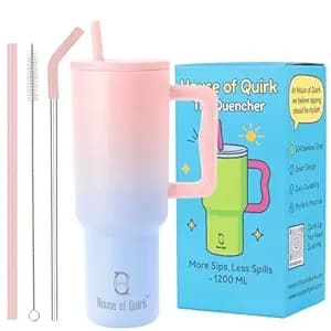 House of Quirk 1200ML Stainless Steel Tumbler with Handle & Lid, 2 Straws – Large Travel Mug Water Cup for Gym, Office & Outdoor Use (Cotton Candy Haze)