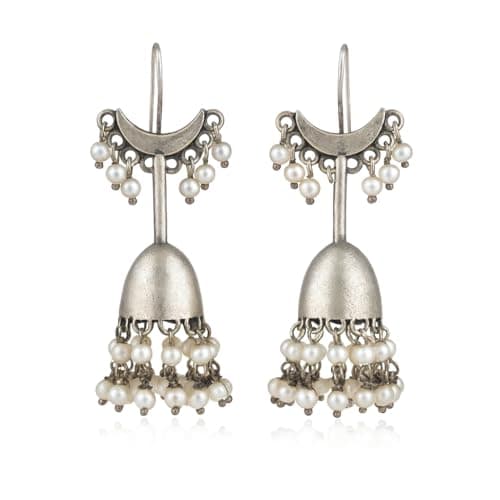 Taarini Silver Replica Chand Jhumka Earrings with Pearls, Premium Silver Look Earrings for Women & Girls, Sturdy Antique Finish Traditional Ethnic Jewellery