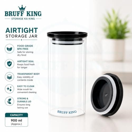 Round Airtight Storage Container 900 ml, Plastic Transparent Kitchen Jar, Leak Proof Silicone Seal Lid, Pantry Organizer For Cereals, Pulses, Rice, Dry Fruits, Cookies, Snacks, Grocery Storage 3